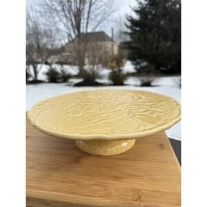 Rare Bordallo Pinheiro Portugal Yellow Lily Pad & Flower Cake Plate Stand 12"